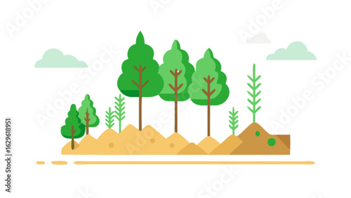 Illustration of green trees forest landscape nature scene with clouds and ground vector background design