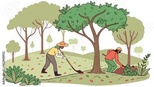 Illustration of autumn cleanup raking leaves and gardening in the park landscape scene outdoors