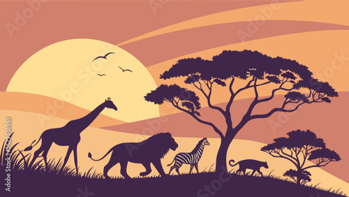 African safari animals silhouette at sunset vector illustration wildlife adventure scene landscape design