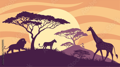 African safari landscape with lion, giraffe, and trees silhouette vector illustration background design