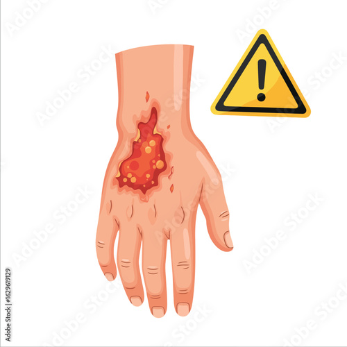 Cartoon illustration of a severe skin burn with blisters on a human hand alongside a yellow triangular hazard warning sign.