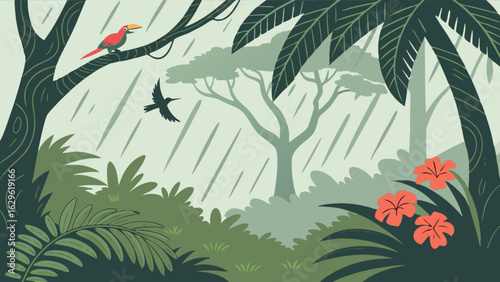 Tropical rainforest landscape illustration with toucan and rain for nature background design use