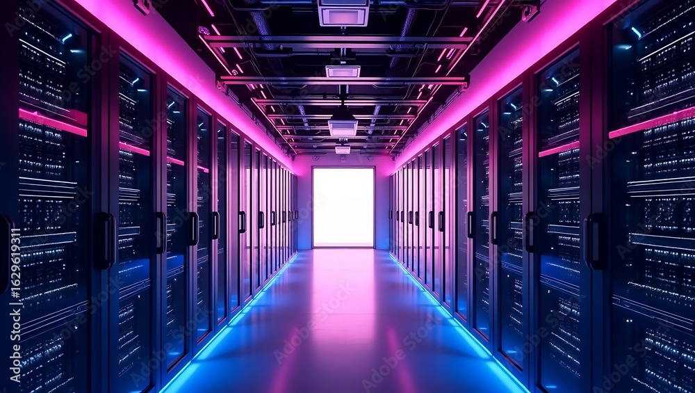 Fototapeta premium Exploring data center server room with neon lights for ai cloud computing and network infrastructure concept