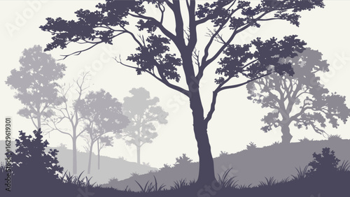 Vector landscape illustration of misty forest with trees and hills for nature background designs