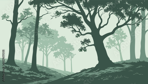 Misty forest landscape drawing vector illustration with trees woodland nature scenery and green colors design