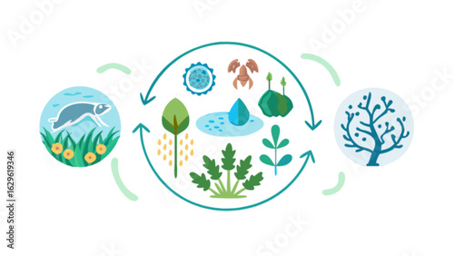 Explore the natural ecosystem cycle diagram showing water plants animals and tree growth for education use