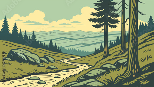 Scenic mountain landscape painting with river, trees, and rocks for nature lovers and outdoor enthusiasts