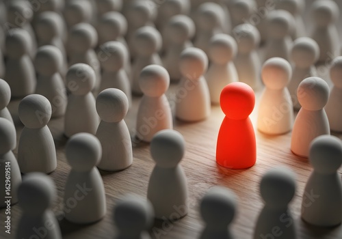 Distinctive Red Figure Stands Out Amidst White Figures Leadership, Uniqueness, Standing Out, Concept, Individuality.