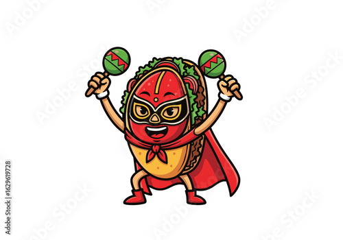 Cheerful Taco Character in Superhero Costume Celebrating with Maracas
