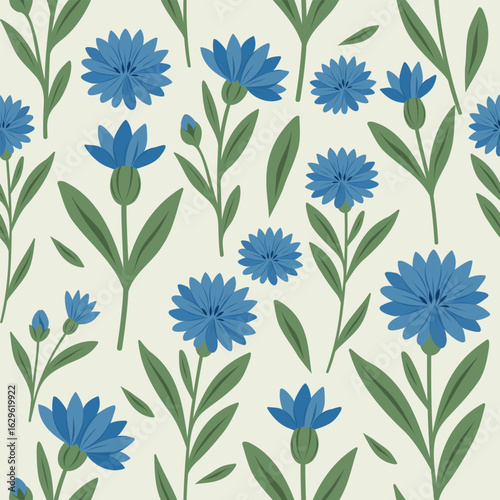 Cornflowers flowers pattern. Seamless botanical pattern with blue cornflowers and green stems on a light background. Elegant floral design for fabric, wallpaper and spring prints
