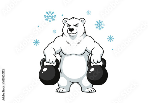 Animated Polar Bear Lifting Kettlebells Surrounded by Snowflakes