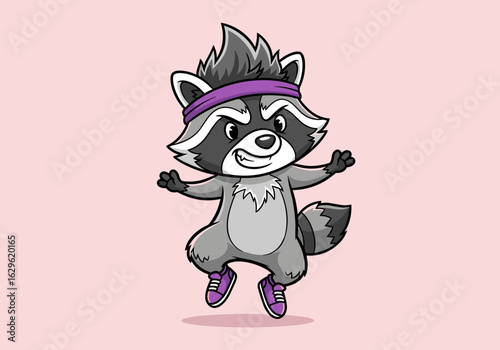 Playful Cartoon Raccoon Character Jumping Joyfully in Sporty Attire on a Pink Background