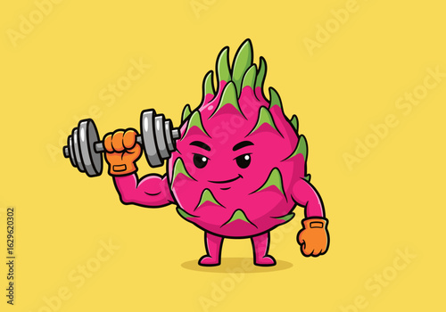 Playful Dragonfruit Character Lifting Dumbbell in a Colorful Animated Style