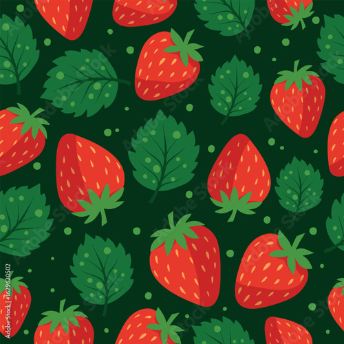 Strawberry pattern. Bright fruity seamless pattern with strawberries and green leaves on a dark background. Perfect for summer packaging, food, fabrics and wrapping paper
