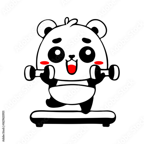 Cartoon panda lifting dumbbells while standing on a stepper with a happy and determined expression