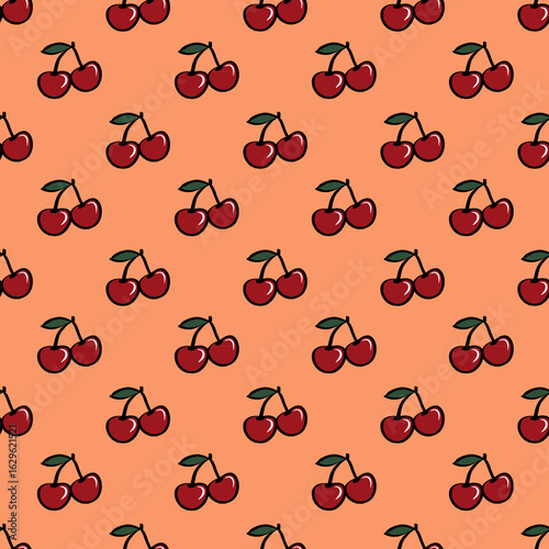 Seamless pattern with cherries. Pair of red cherries endless background. Summer fruit design perfect for textiles, fabric, packaging, wrapping paper, stationery, and home decor.