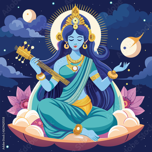 Goddess Saraswati Playing Veena on Lotus Seat
