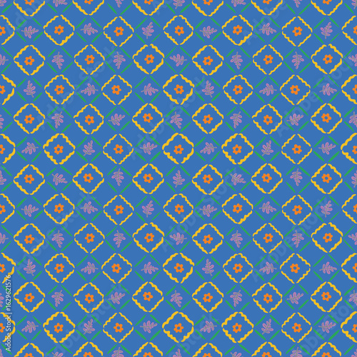 Seamless floral pattern flowers and green leave. Flower background and diamond pattern. Fresh spring design perfect for textiles, wallpaper, stationery, gift wrap, and home decor.