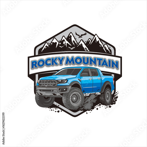 Rocky Mountain Off-Road Truck Logo Design with Blue Pickup Illustration