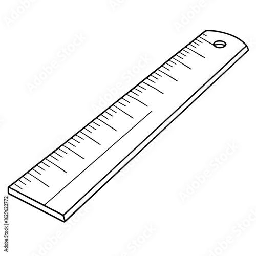 Illustration of a black and white ruler with markings and a hole at the end for hanging or storage use