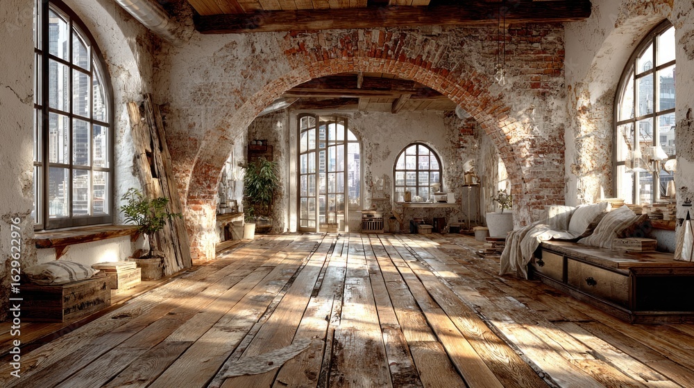 Fototapeta premium Rustic loft interior, sunlit, arched brick walls