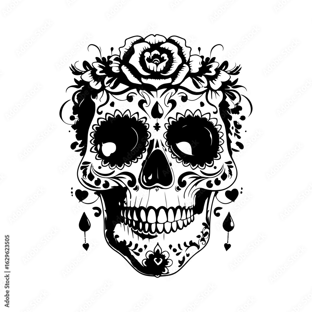 Fototapeta premium Skull Of The Dead Vector Illustration Design.Mexican Floral Skull Vector illustration ,flowers, vine, leaves.Ornate floral skull design white intricate and symmetrical details.