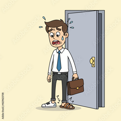 Anxious, sweating businessman with a briefcase and mismatched shoes.