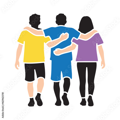Three friends walking together with arms around shoulders