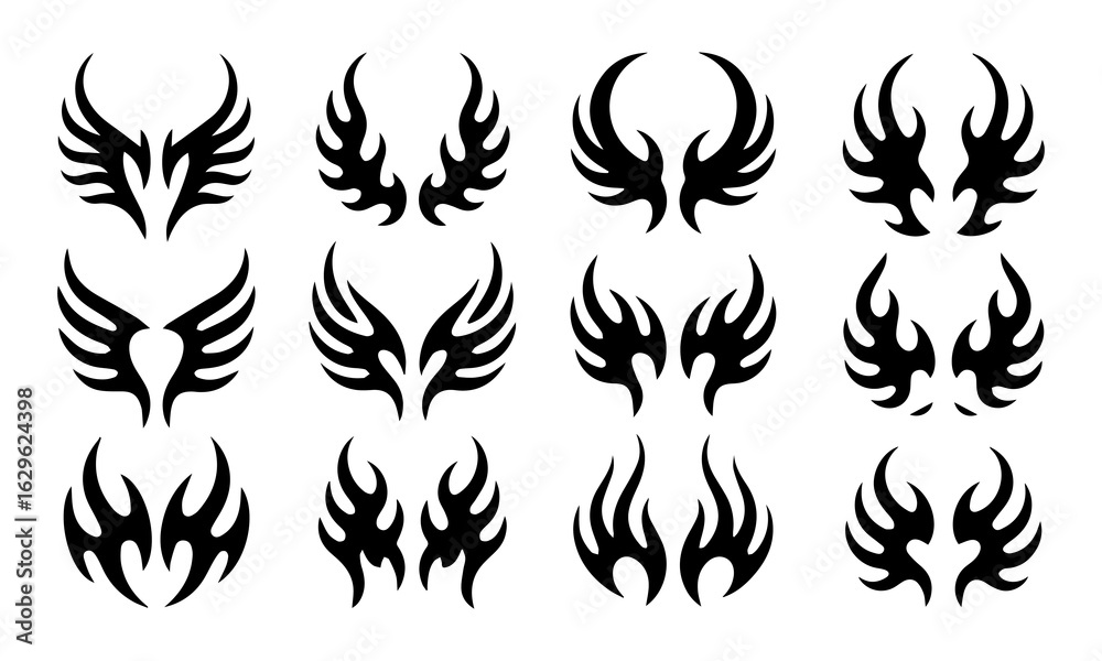 Naklejka premium Acid Neo-tribal shapes. Abstract ethnic shapes in gothic style. Hand drawn modern elements for typography, tattoo, poster, cover. Vector illustration