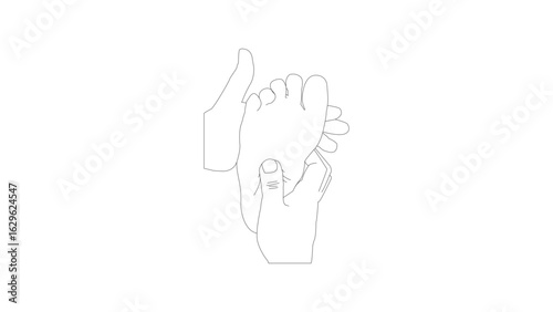 No color illustration of human hands doing acupressure on foot sole