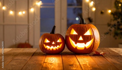 Two illuminated carved pumpkins, Halloween decor