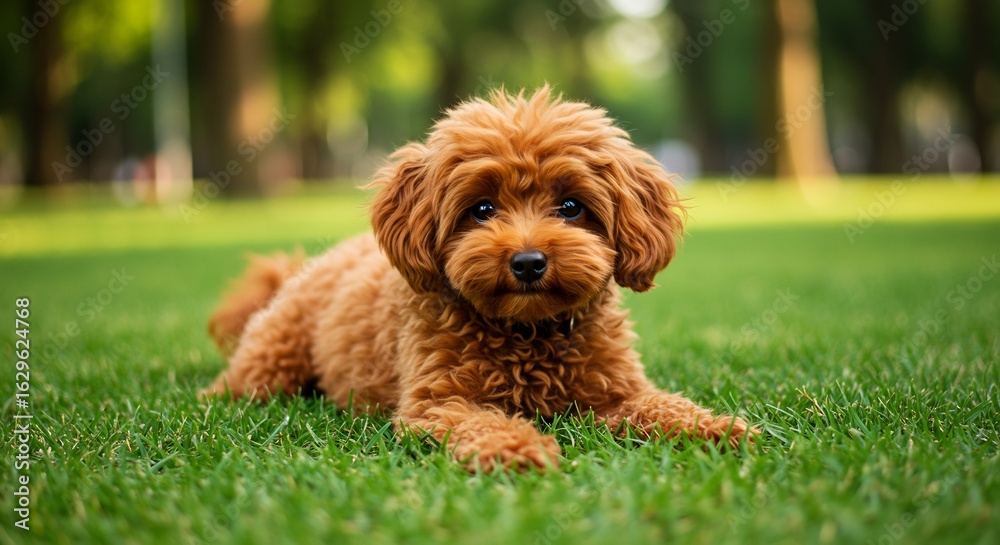 Fototapeta premium 愛らしいトイプードルが緑の芝生でくつろぐ姿