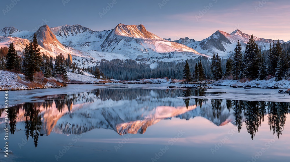 Fototapeta premium Mountain lake reflecting snow capped peaks at twilight stunning serene nature scene soft gradient light