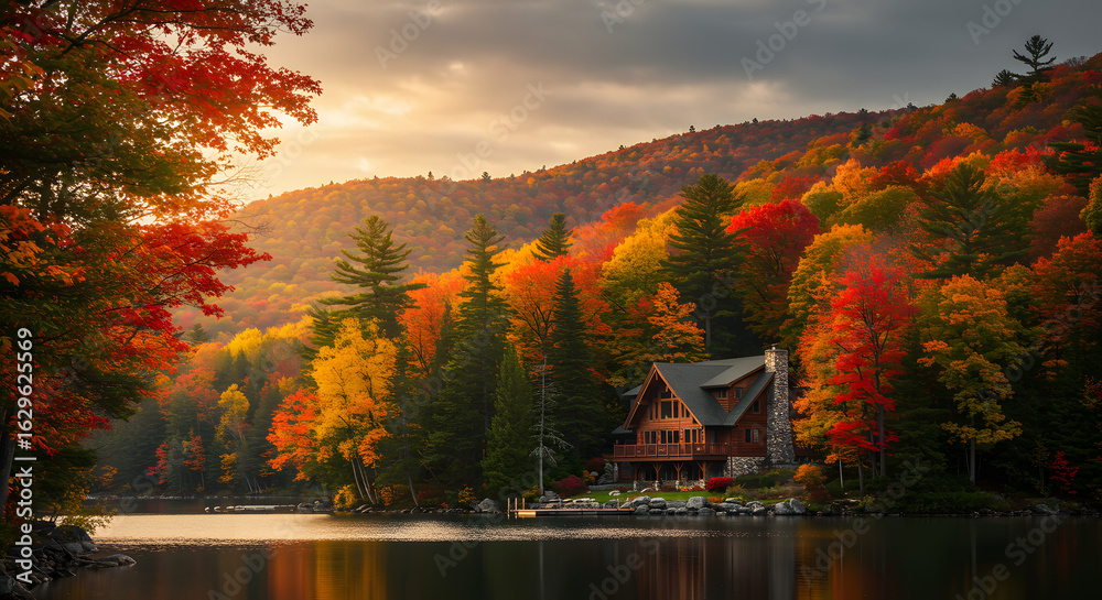Obraz premium Autumn lake cabin view with fall foliage and trees reflections in water at sunset in the mountains