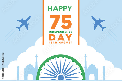 Digital illustration of Indian Independence Day celebration with airplanes and Ashoka Chakra August