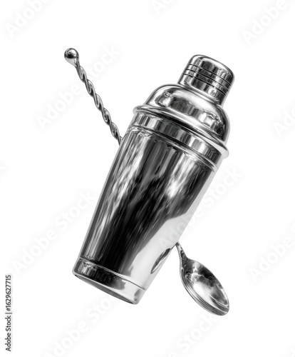 Cocktail shaker and spoon isolated on transparent background, perfect for mixing drinks at your next party, with its sleek design and polished finish, its sure to impress your guests