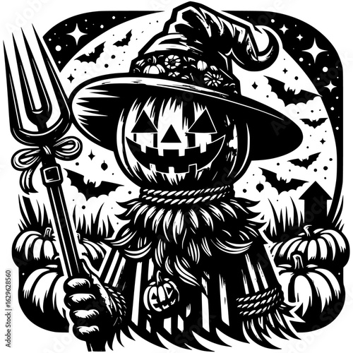 Whimsical Halloween Scarecrow: A jovial scarecrow with a jack-o'-lantern head, adorned with a hat and a pitchfork, welcomes the Halloween spirit. Surrounded by pumpkins and bats under a starlit sky. 
