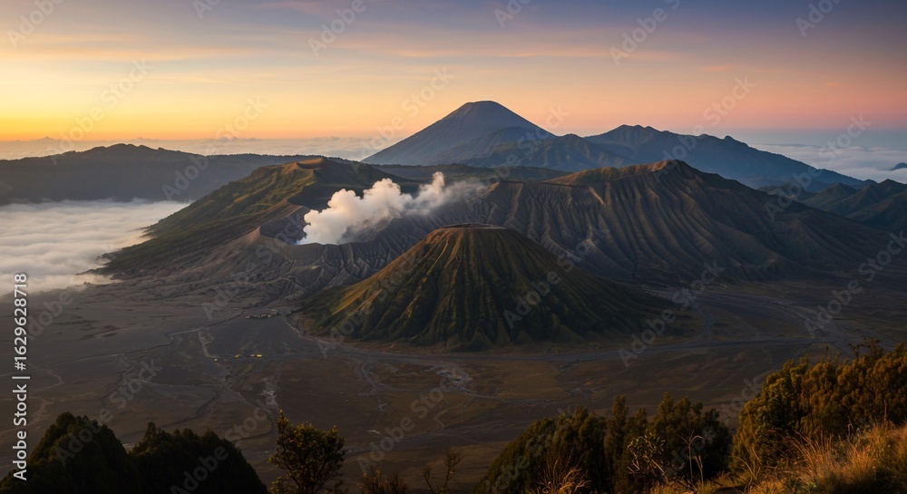 Obraz premium Sunrise over volcanic caldera, Indonesia, misty mountains