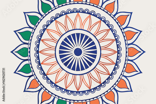 Indian flag colors mandala design with Ashoka Chakra wheel orange white