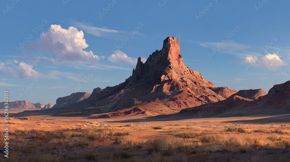 Naklejka premium Vast desert landscape with a towering red rock formation under a bright blue sky with puffy clouds