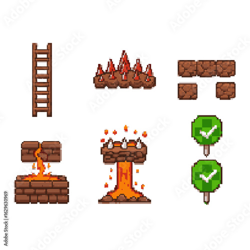 Pixelated Game Assets Featuring Lava and Obstacles
