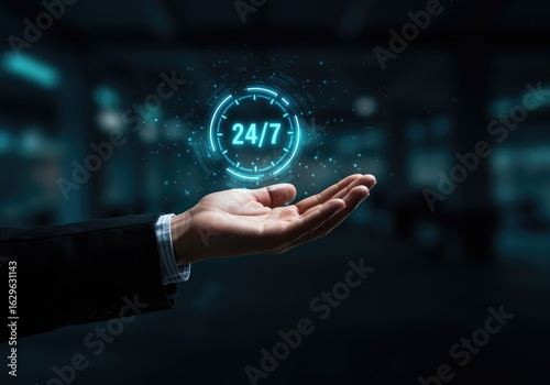 Hand displaying a glowing blue 24 7 service hologram with a blurred background.