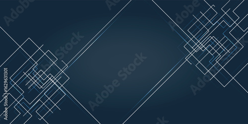 Abstract geometric background with a symmetrical futuristic pattern of white and light blue lines on a dark blue background. Ideal for modern technology themes.