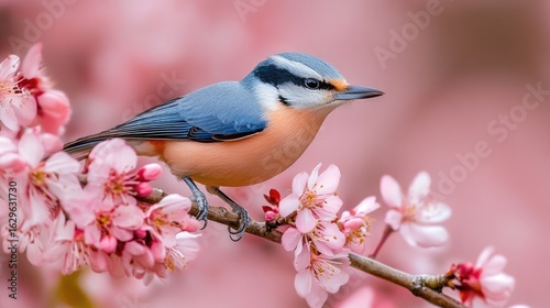 A nuthatch on a branch full of fresh spring blossoms in a garden. Soft flowers and tender leaves create a peaceful scene.