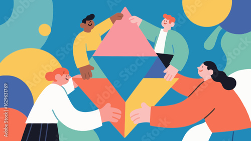 Teamwork illustration of diverse people holding geometric shapes together