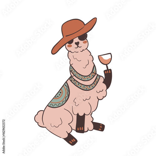 Stylish llama wearing hat and holding wine glass. Perfect for party themed illustrations, funny cards and celebration prints.