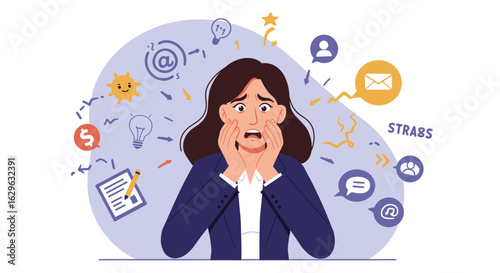 Stressed businesswoman feeling overwhelmed by work and information overload