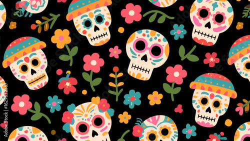 Colorful Day of the Dead seamless pattern with sugar skulls and flowers