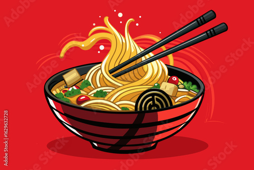 vector of Ramen steamer in a black bowl against a red background, with noodles being lifted by chopsticks, ideal for restaurants and cooking...