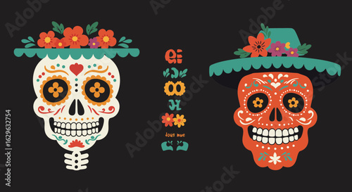 Colorful Dia de los Muertos sugar skulls with floral sombrero illustration